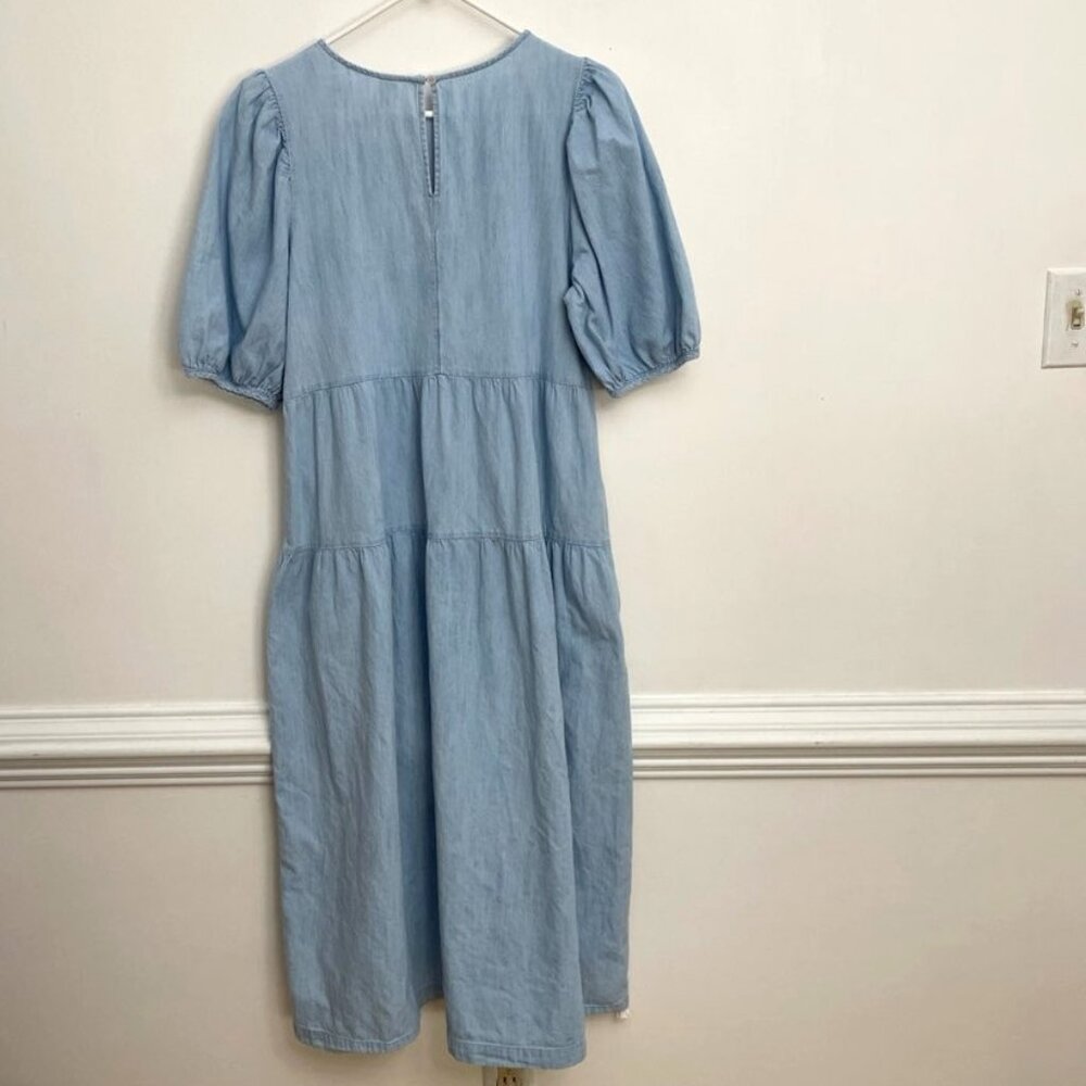 Old Navy Blue Denim Chambray Dress Women's Sz L Puff Sleeve Tiered Cotton - Picture 2 of 6